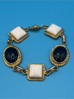 Christian Dior Vintage Black White Lucite Link Bracelet Gold Tone Chunky 60s Mod